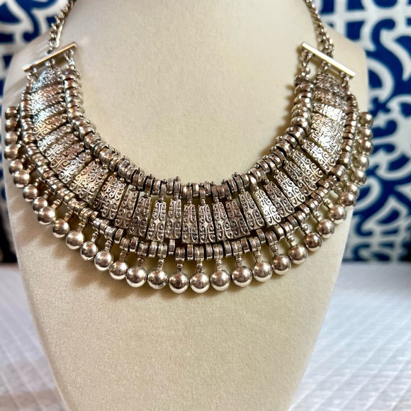 Seraglio Turkish Silver Tone Coin Bib Prong Statement Necklace - Picture 2 of 4